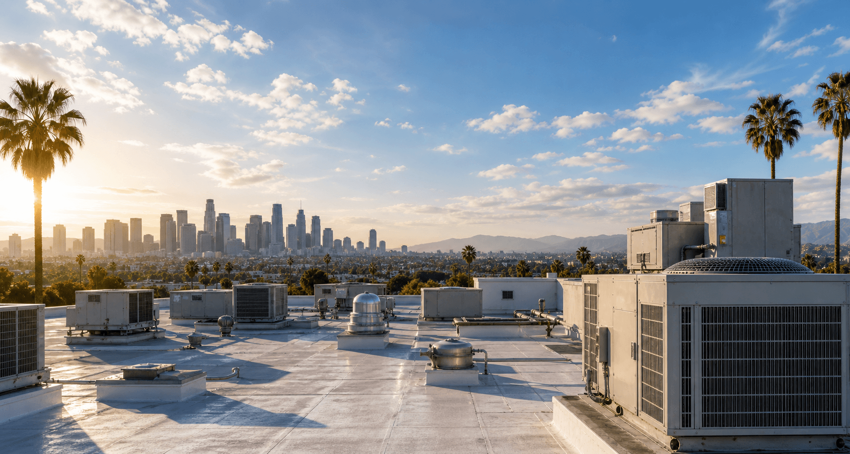 Los Angeles rooftop HVAC units with skyline and palms